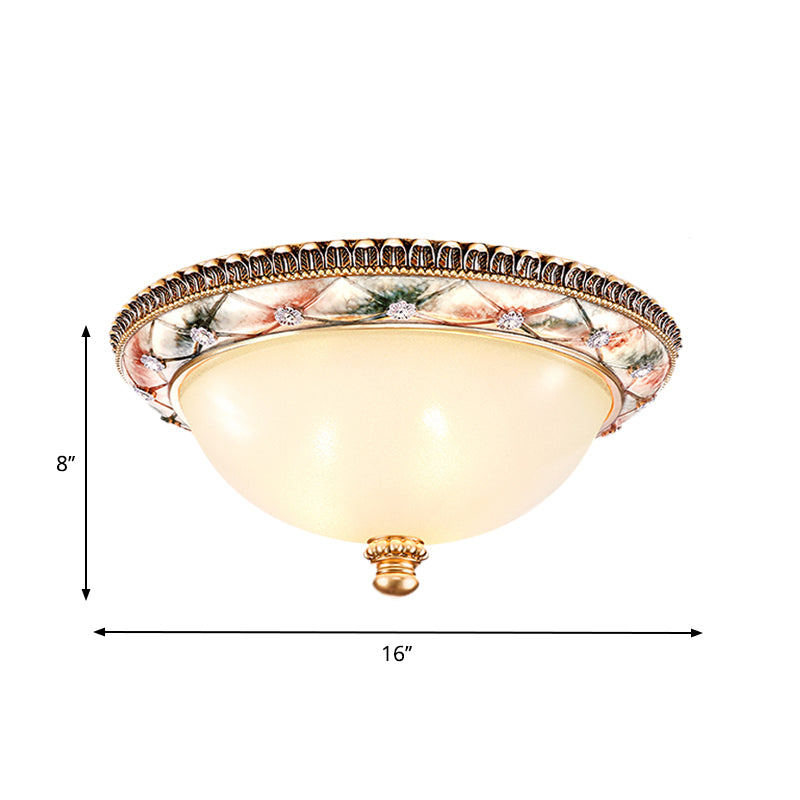 Domed White Glass Ceiling Mounted Lamp Traditional 16"/19.5" Wide 3-Head Bedroom Flush Lighting in Gold