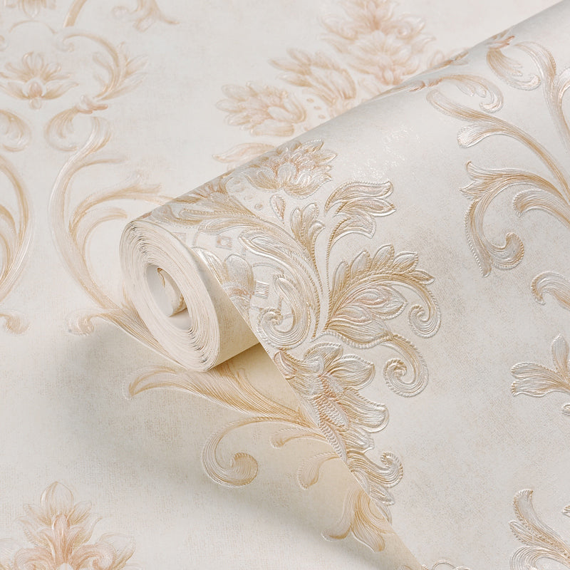 Floral Embossed Wallpaper Roll Retro Moisture Resistant Bedroom Wall Covering, 17.1-sq ft