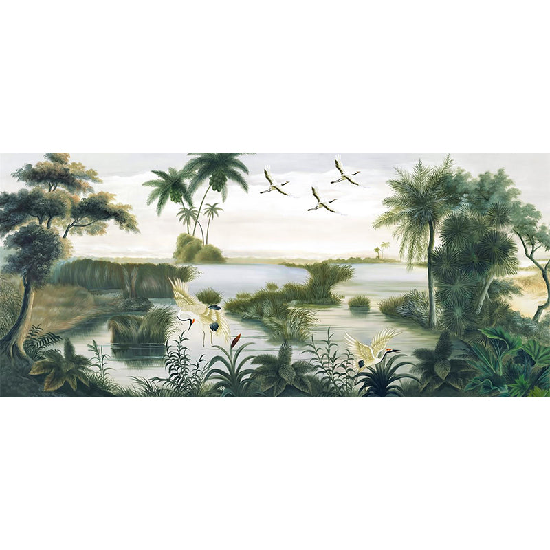 Asian Red-Crown Crane Murals Wallpaper Green Water Landscape Wall Decor for Living Room