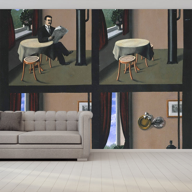 Personalized Illustration Surreal Murals with Man Reading A Newspaper Pattern in Brown