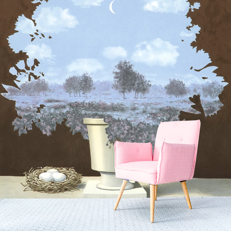 Surreal Cutouts Tree Drawing Murals in Blue-Brown Stain Proof Wall Decor for Dining Room