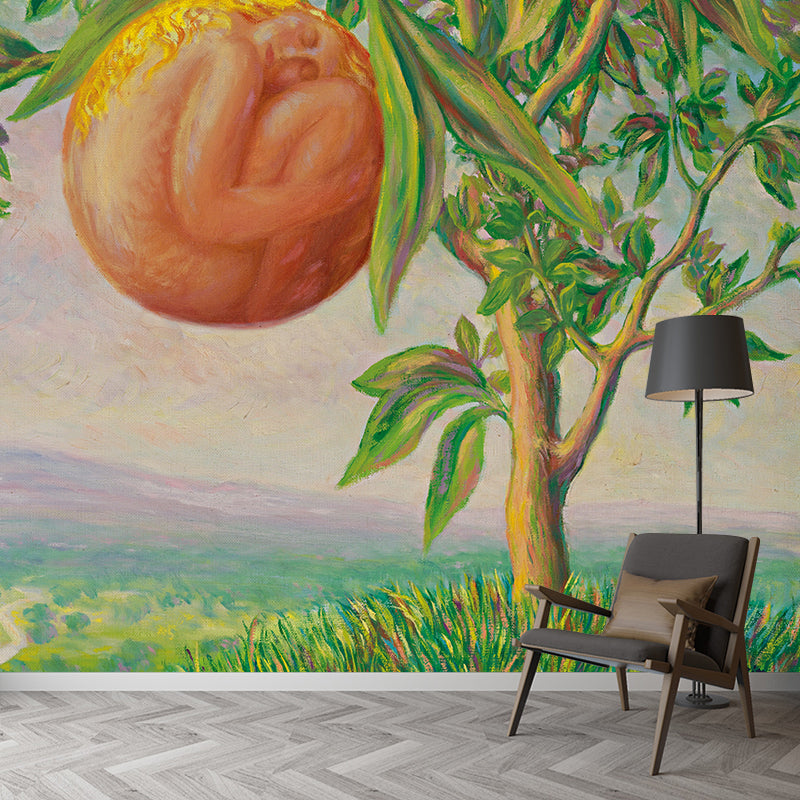 Rene La Vie Heureuse Mural Wallpaper in Orange-Green Surrealist Wall Covering for Living Room