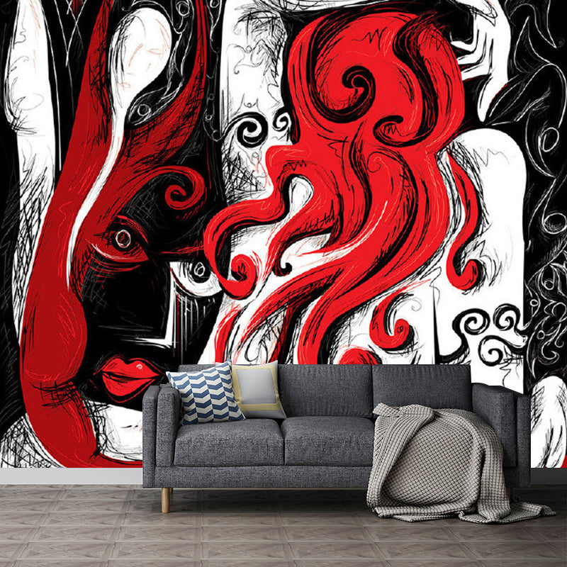 Red-Black Art Deco Wallpaper Murals Full-Size Human Painting Wall Covering for Home