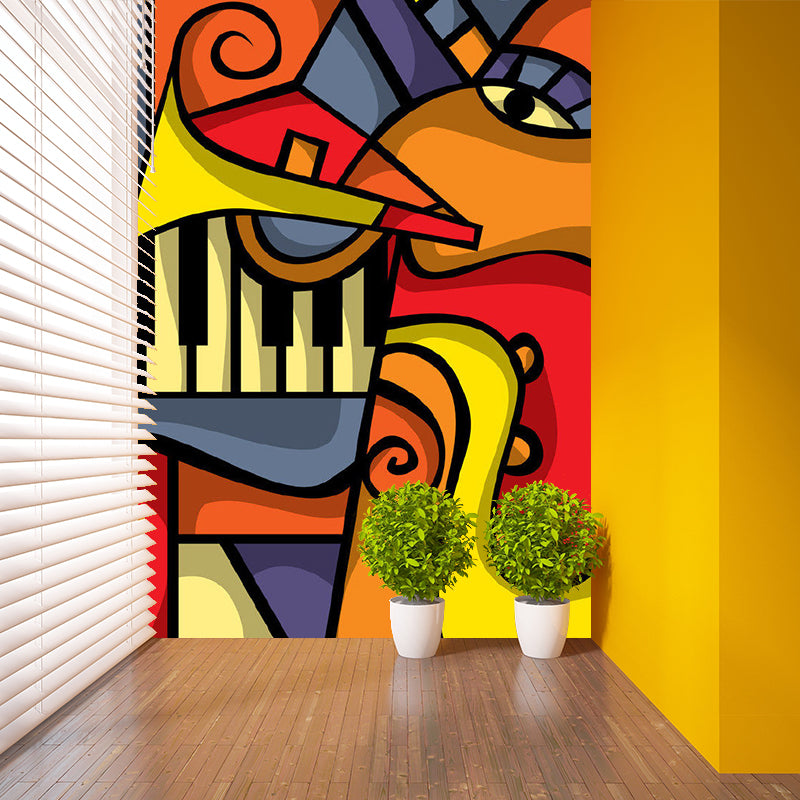 Picasso Music Concert Mural Wallpaper Artistry Smooth Wall Decor in Blue-Orange-Yellow