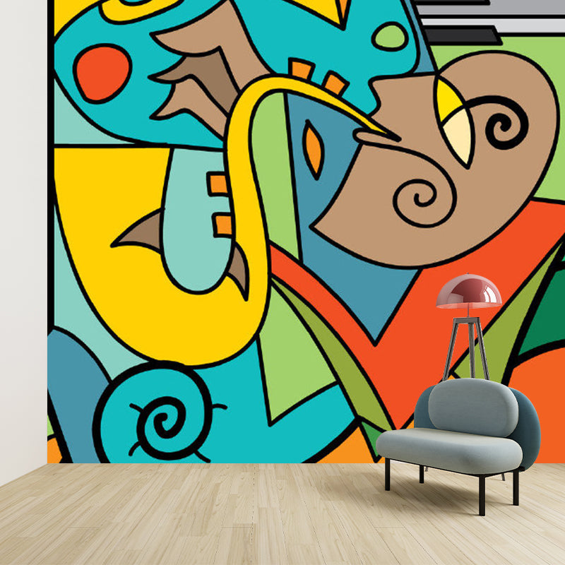 Artistry Picasso Saxophone Man Murals Blue-Yellow-Green Waterproof Wall Decor for Home