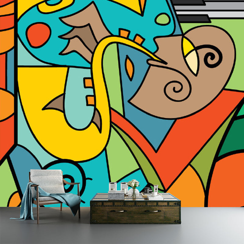 Artistry Picasso Saxophone Man Murals Blue-Yellow-Green Waterproof Wall Decor for Home