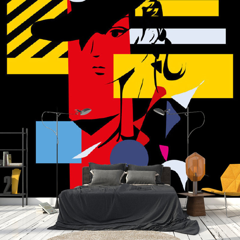 Art Deco Girls Wall Paper Murals with Woman Wearing Top Hat Painting, Black-Red-Yellow