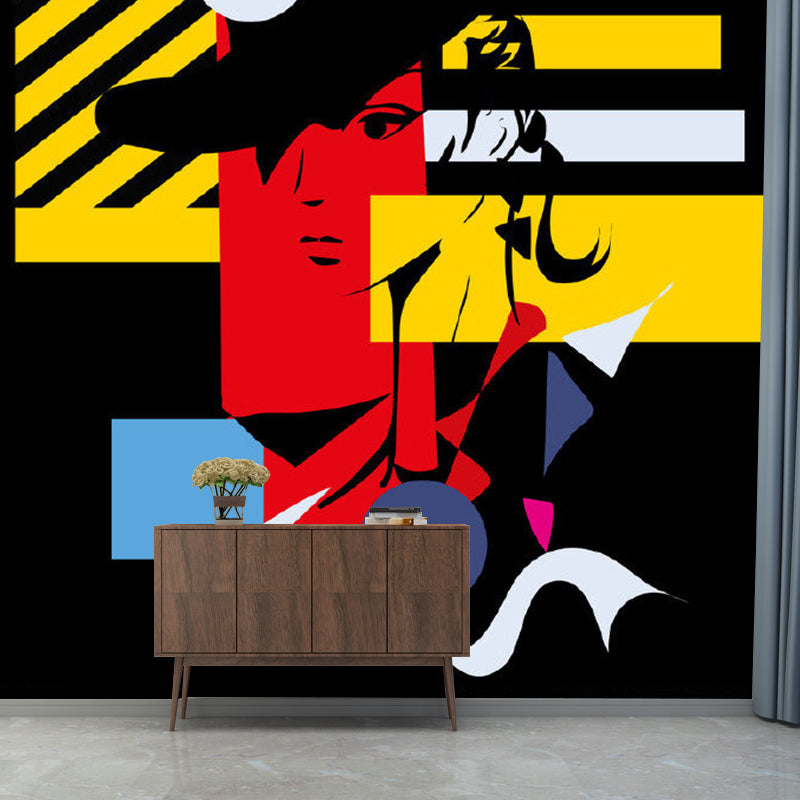 Art Deco Girls Wall Paper Murals with Woman Wearing Top Hat Painting, Black-Red-Yellow