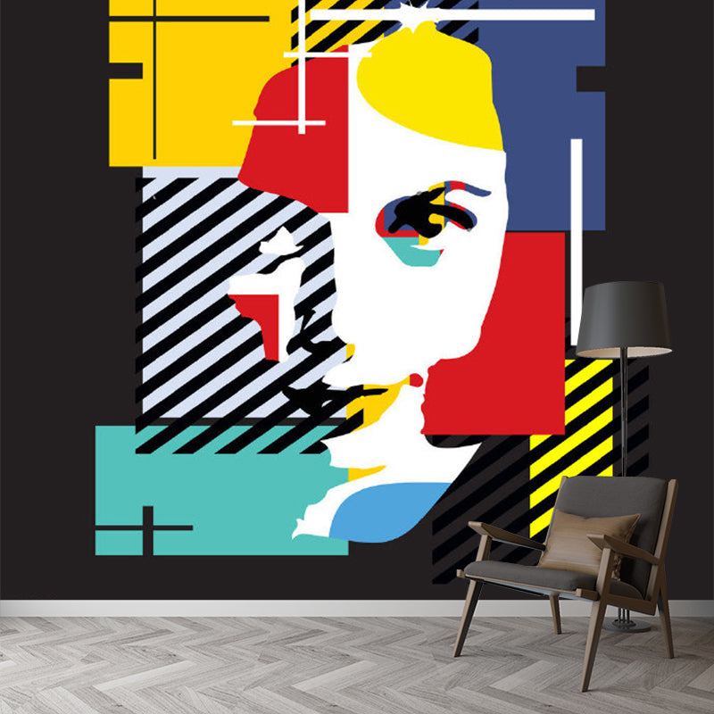 Woman Portrait Mural Wallpaper Red-Yellow-Blue Artistic Wall Covering for Bedroom