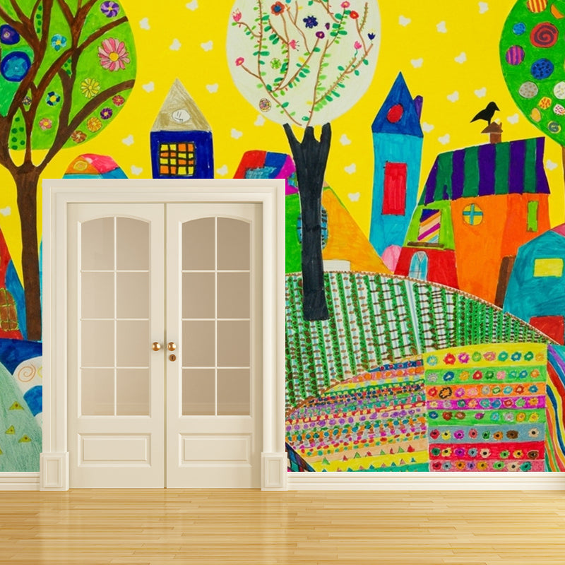 Colorful Childrens Art Wall Murals Full Size Suburbs Drawing Wall Decor for Nursery