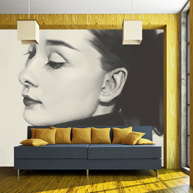 Women Side Face Sketch Mural Wallpaper Black-Grey Classic Wall Covering for Bedroom