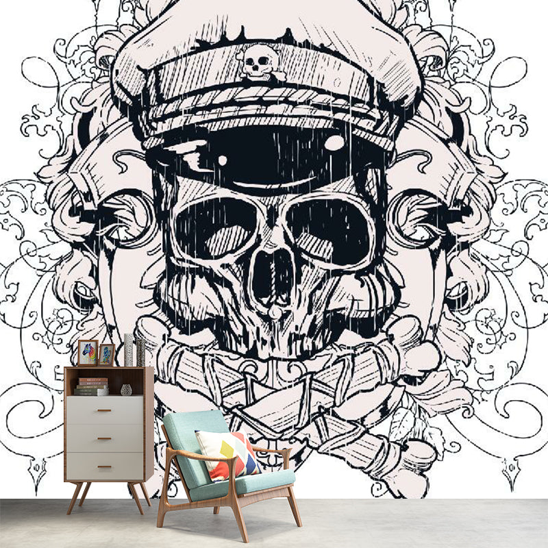 Novelty Pirate Skull Wall Murals for Bedroom Custom Size Wall Covering in Black-White