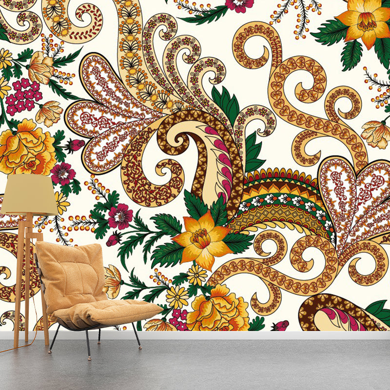 Boho Flower Swirling Wallpaper Murals Yellow-Brown Water Resistant Wall Decor for Home