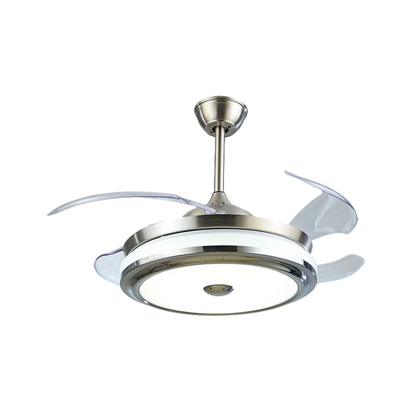 Acryl ronde hangende ventilatorlamp eenvoud LED zilveren semi -montage verlichting met 4 messen, 42 "breedte