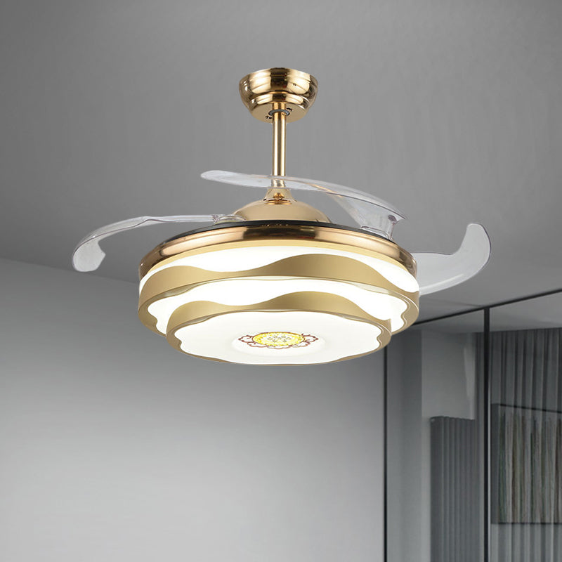 Nordic 2 Tiers Floral Semi Flush Acrylic Bedroom 4-Blade LED Ceiling Fan Lighting in Gold, 42" W