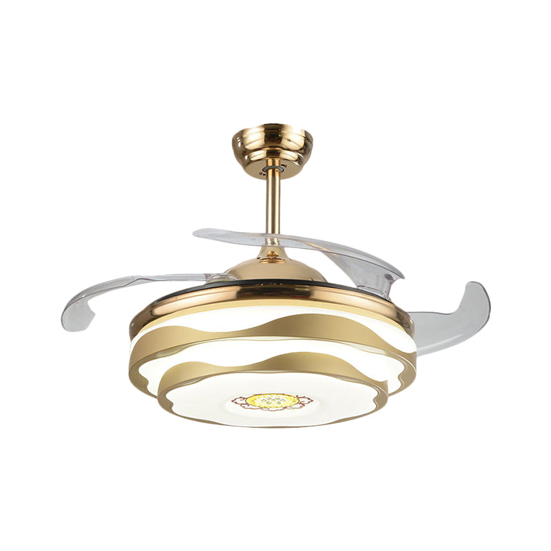 Nordic 2 Tiers Floral Semi Flush Acrylic Bedroom 4-Blade LED Ceiling Fan Lighting in Gold, 42" W