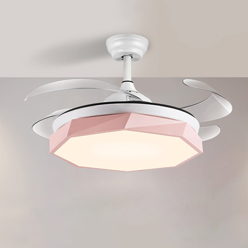 42" Wide Faceted Octagon Ceiling Lamp Minimalism Acrylic Grey/White/Pink 4 Blades LED Pendant Fan Light for Living Room