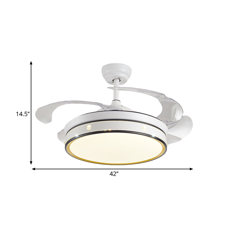 Acrylic Drum-Shaped Ceiling Fan Light Minimalism White 4-Blade LED Semi Flush Mount Lighting, 42" Wide