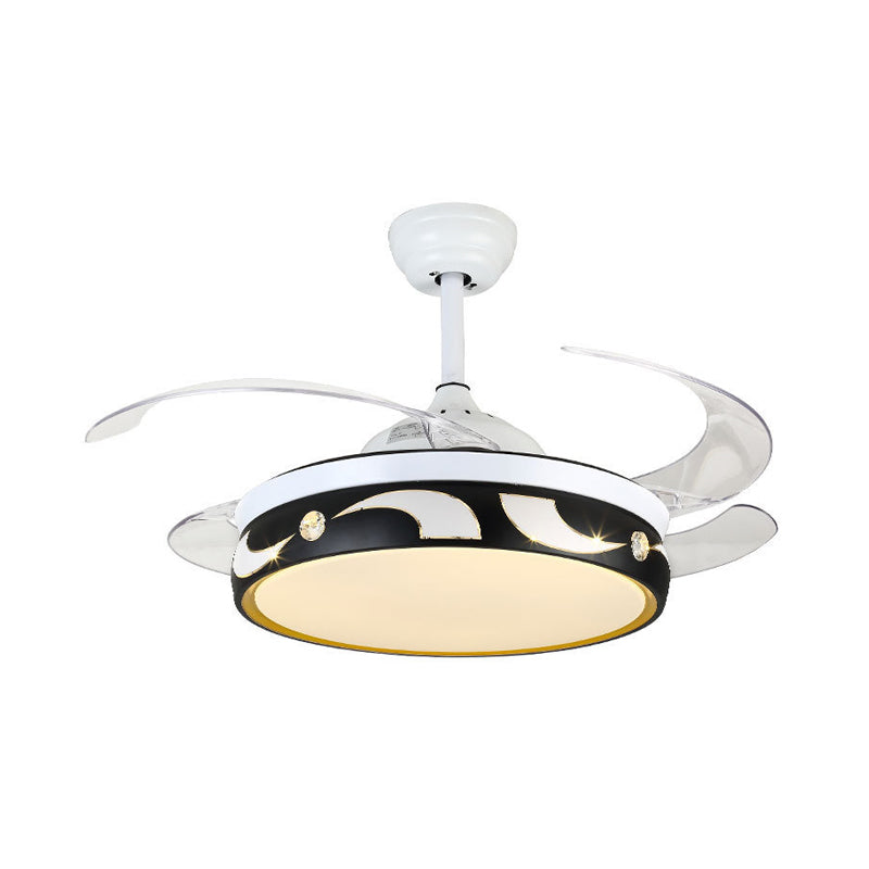 42.5 "W Drum hanger ventilatorlamp Moderner Acryl Zwart-wit 4-Blade LED Semi Flush plafondlicht met zon en maanpatroon