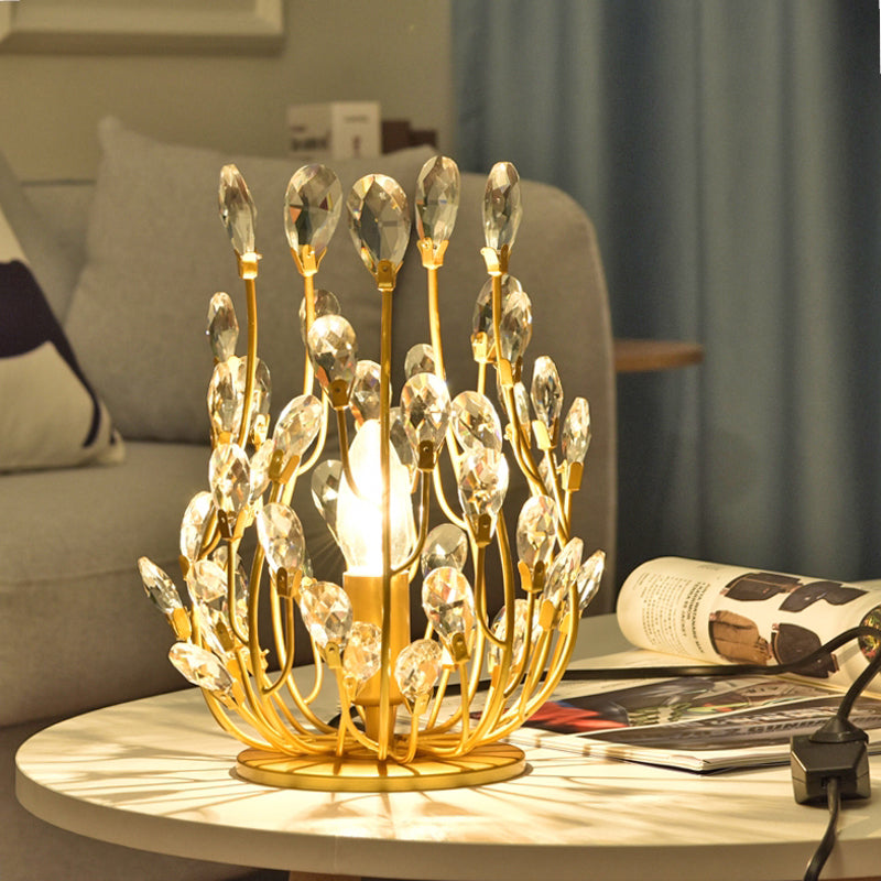 1 Head Table Lamp with Swirled Arm Crystal Teardrops Contemporary Bedchamber Night Light in Gold