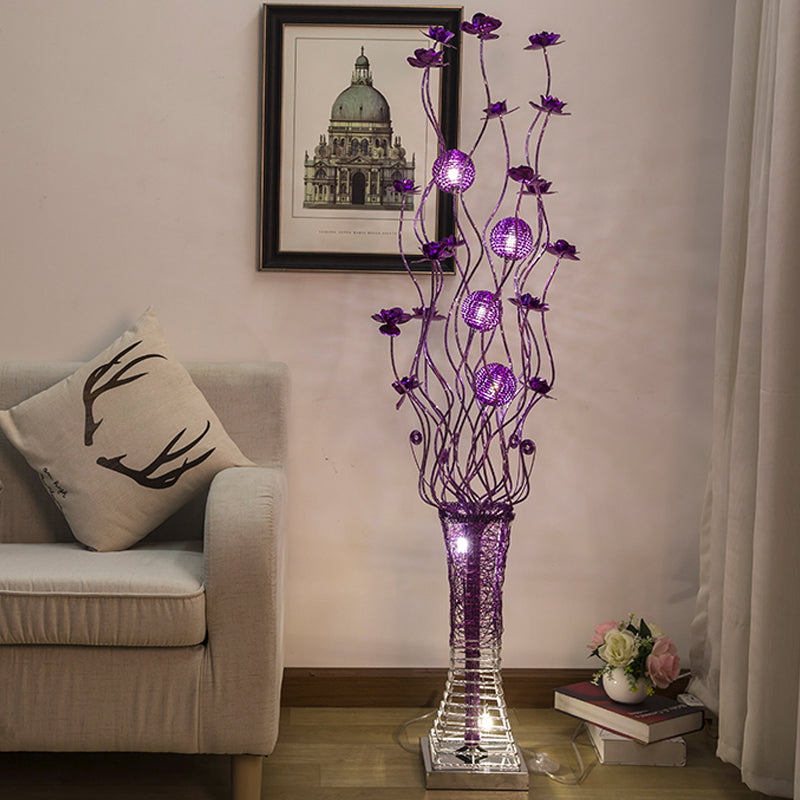 Purple LED Floor Lamp Art Decor Aluminum Pagoda Flower Floor Standing Light with Twig Design