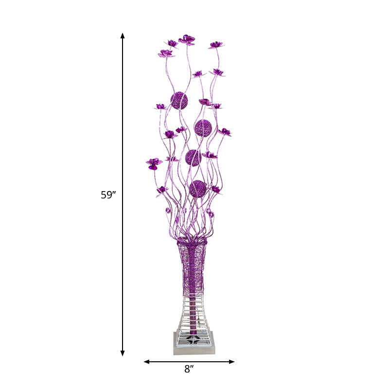 Purple LED Floor Lamp Art Decor Aluminum Pagoda Flower Floor Standing Light with Twig Design