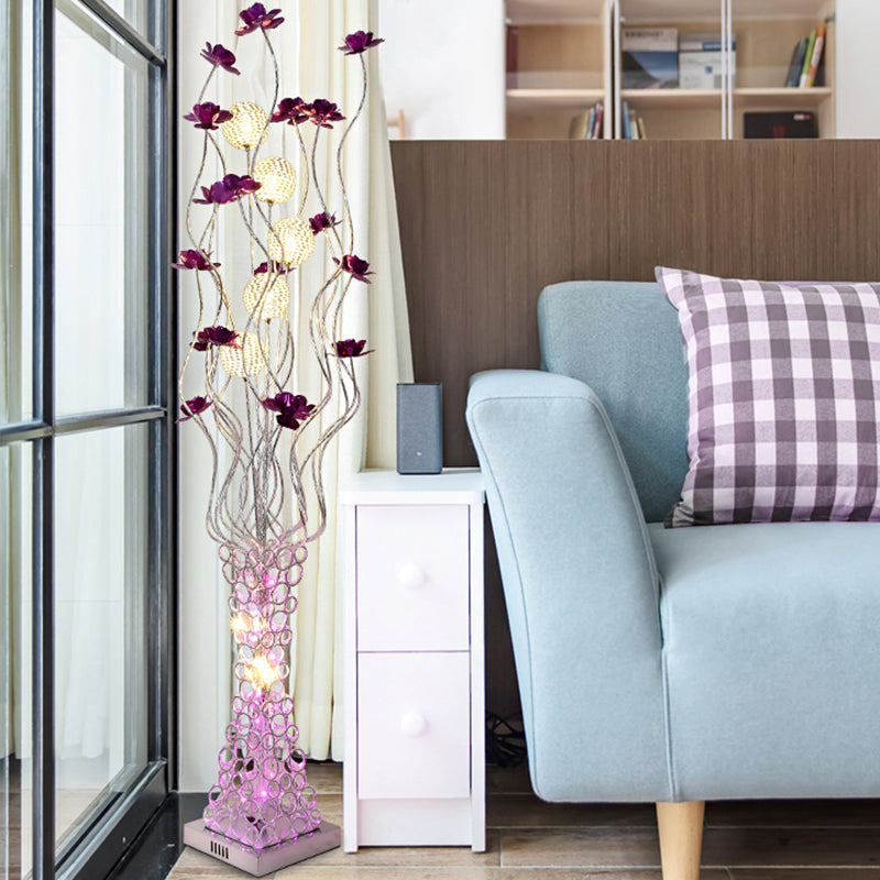 Metal Purple Floral Standing Light Tree Branch LED Decorative Floor Reading Lamp with Hollowed Trapezoid Base