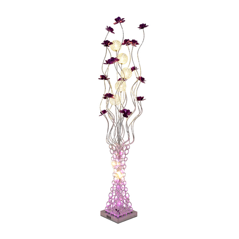 Metal Purple Floral Standing Light Tree Branch LED Decorative Floor Reading Lamp with Hollowed Trapezoid Base