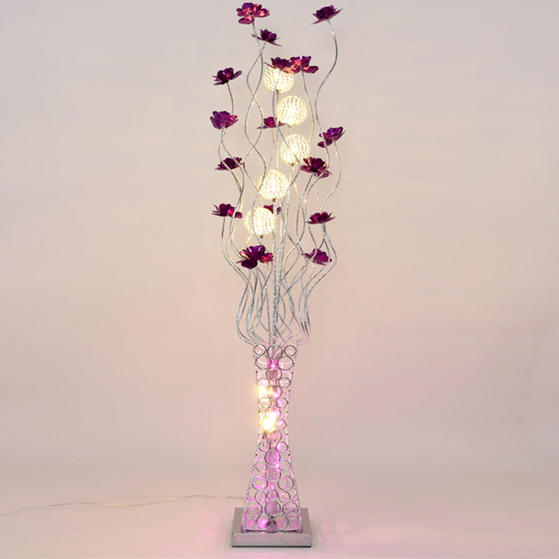 Metal Purple Floral Standing Light Tree Branch LED Decorative Floor Reading Lamp with Hollowed Trapezoid Base