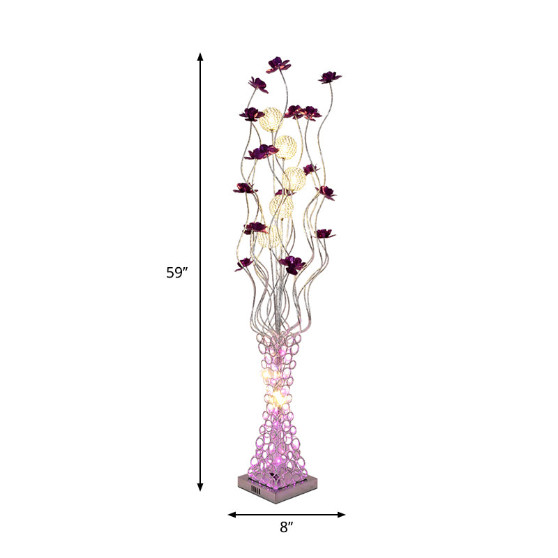 Metal Purple Floral Standing Tree Branch Lámpara de lectura decorativa LED LEITA CON BASE DE TRAPEZOID HOLPADO