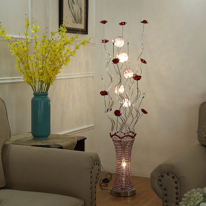 LED Vine Standing Floor Light Decorative Pleated Vase Aluminum Floor Reading Lamp in Red