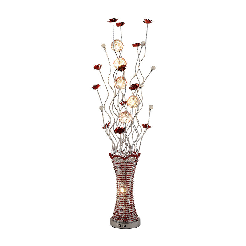 LED Vine Standing Floor Light Decorative Pleated Vase Aluminum Floor Reading Lamp in Red