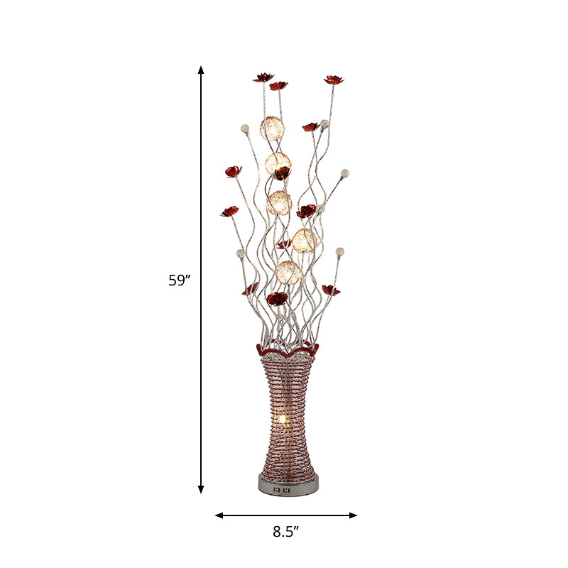 LED Vine Standing Floor Light Decorative Pleated Vase Aluminum Floor Reading Lamp in Red