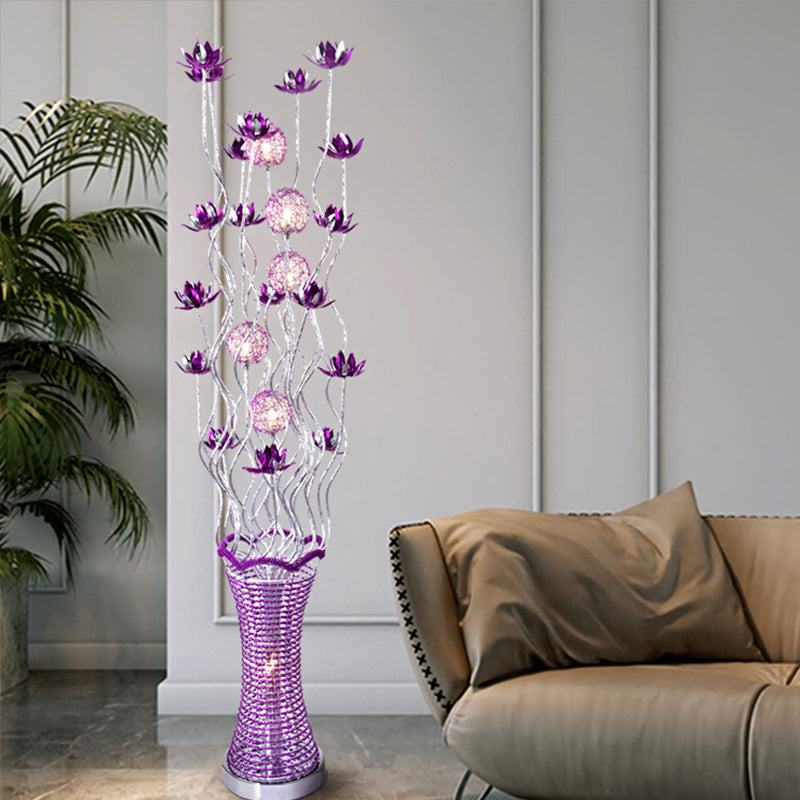 Purple LED Floral Floor Lamp Art Decor Aluminum Vase-Shaped Decorative Standing Floor Light with Twig Design