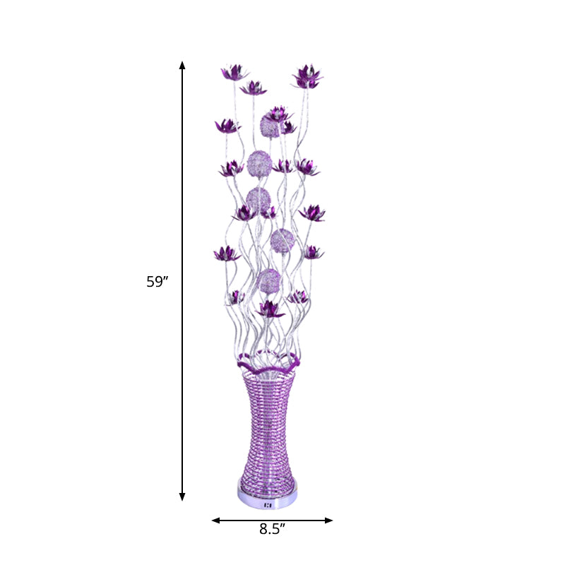 Purple LED Floral Floor Lamp Art Decor Aluminum Vase-Shaped Decorative Standing Floor Light with Twig Design