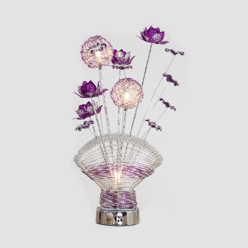 Fan-Shaped Aluminum Table Lighting Decorative LED Bedroom Desk Lamp with Rose and Dandelion Decor in Red/Purple