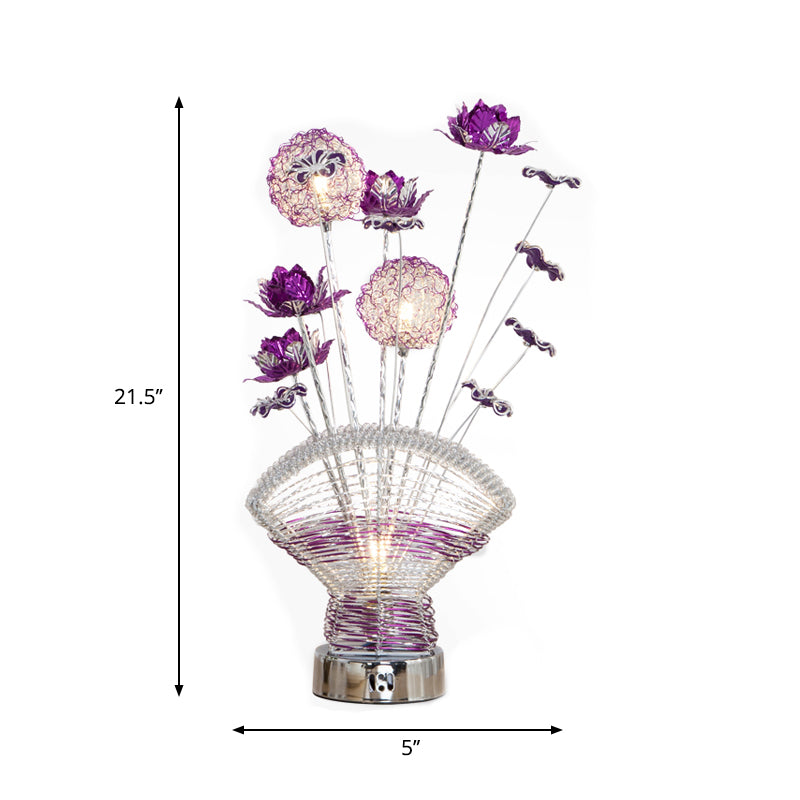 Fan-Shaped Aluminum Table Lighting Decorative LED Bedroom Desk Lamp with Rose and Dandelion Decor in Red/Purple