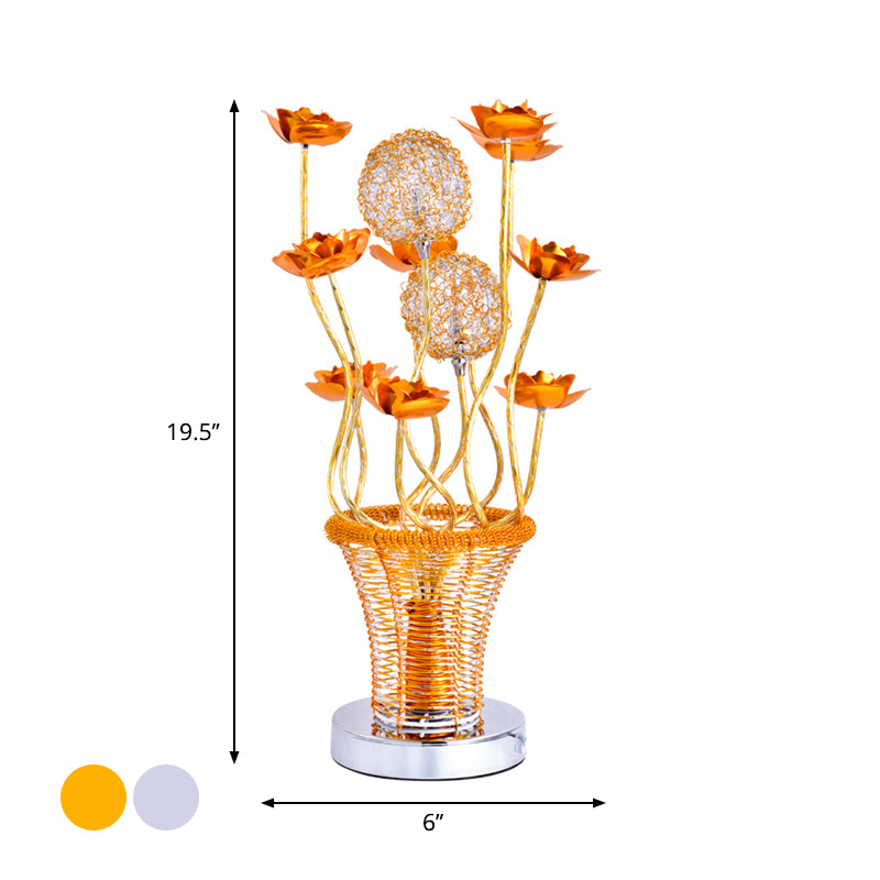 Basket-Like Aluminum Desk Light Art Decor Bedside LED Vine Night Table Lamp with Blossom and Orb Decor in Gold/Silver