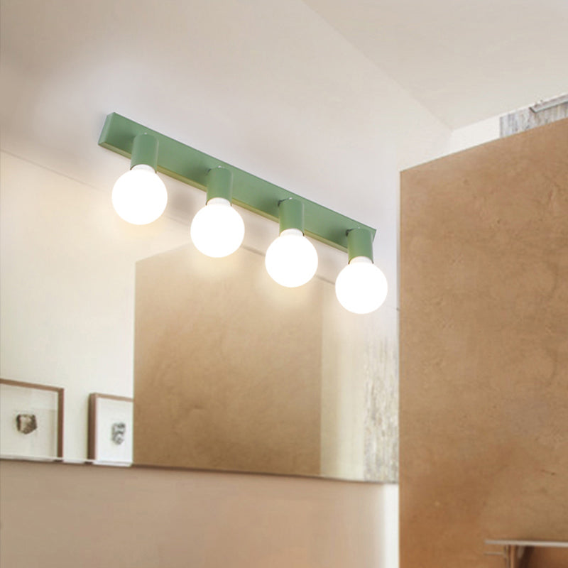 Luz de espejo de tocador lineal verde con bulbo abierto estilo macarrón 4 cabezas iluminación de pared de metal para baño