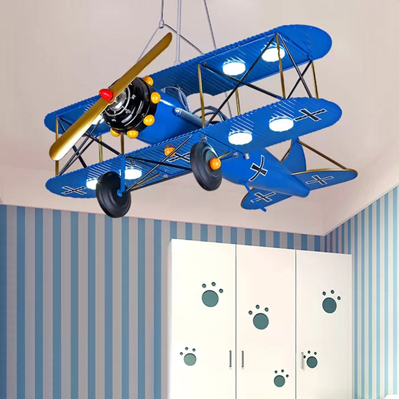 Large Chandelier 8 Light, Modern Hanging Light Fixture with Milk Glass Shade & Biplane Design for Boys Room, L:25in W:27.5in H:8in