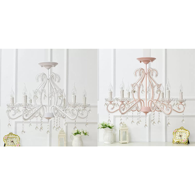 Bedroom Chandelier Kids, 6-Light Macaron Ceiling Light Fixture with Candle and Clear Crystal Decoration