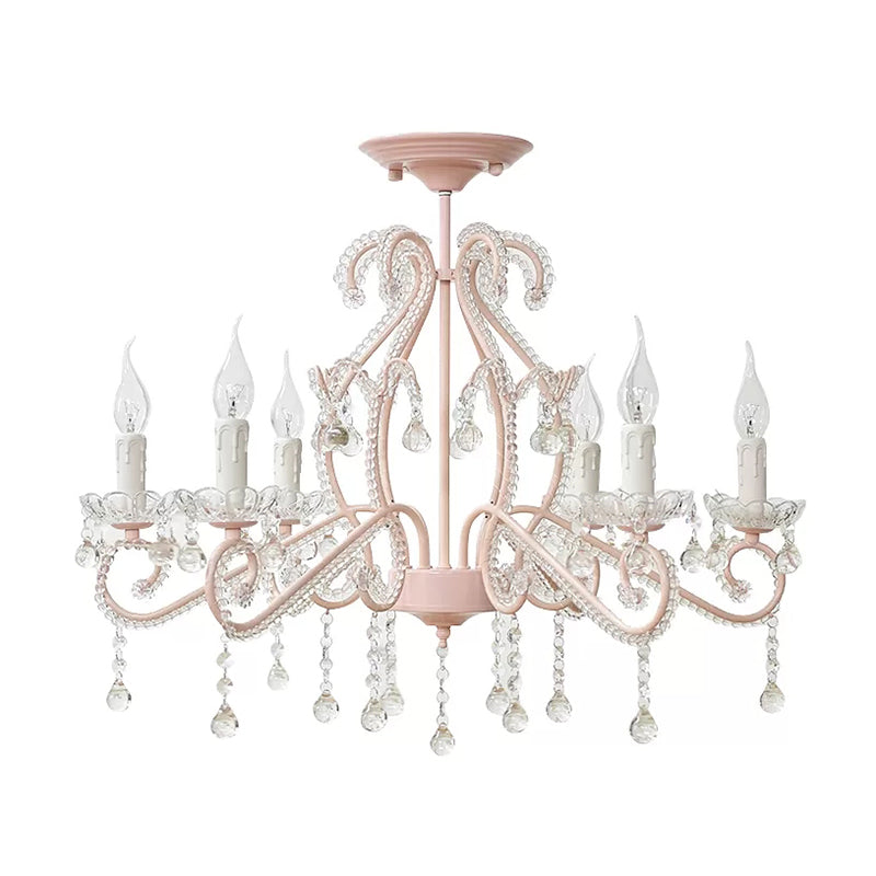 Bedroom Chandelier Kids, 6-Light Macaron Ceiling Light Fixture with Candle and Clear Crystal Decoration