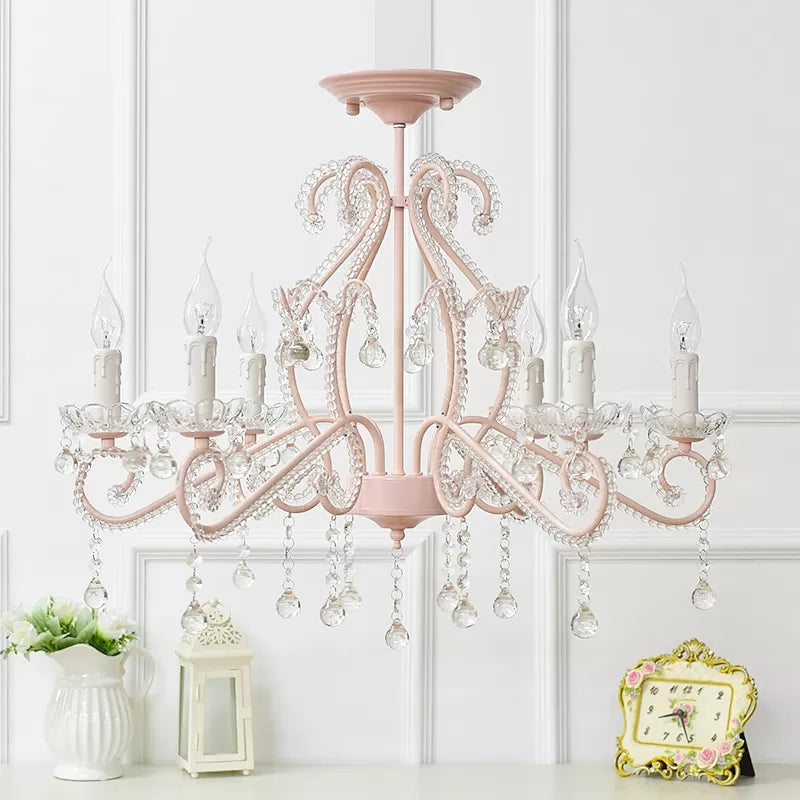 Bedroom Chandelier Kids, 6-Light Macaron Ceiling Light Fixture with Candle and Clear Crystal Decoration