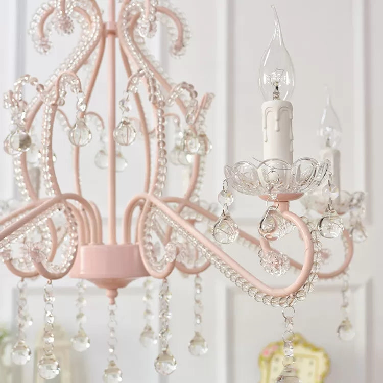 Bedroom Chandelier Kids, 6-Light Macaron Ceiling Light Fixture with Candle and Clear Crystal Decoration