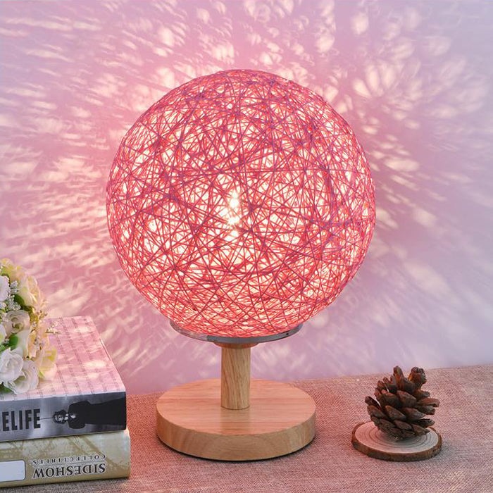 Rattan Hand-Woven Table Lamp Contemporary 6"/7" W 1 Bulb White/Red Table Light with Global Shade and Wooden Base