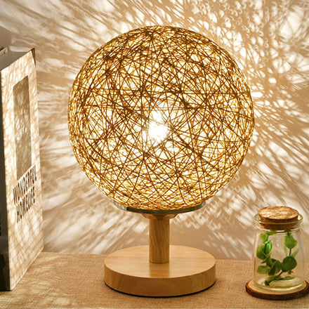 Rattan Hand-Woven Table Lamp Contemporary 6"/7" W 1 Bulb White/Red Table Light with Global Shade and Wooden Base