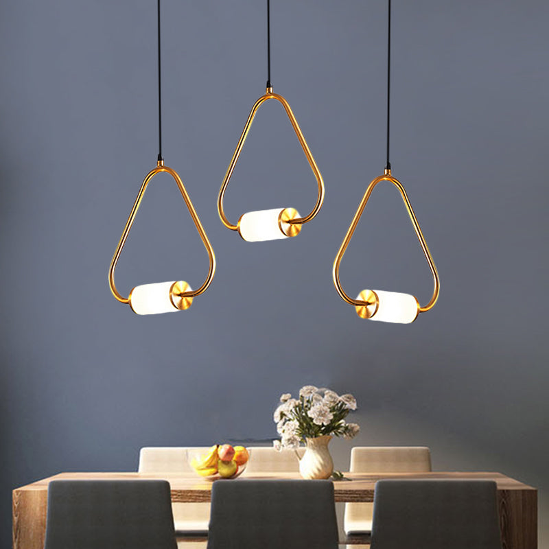 Simple Style LED Hanging Pendant Light with White Glass Cylinder Shade Brass Triangle/Round/Square Ceiling Lamp