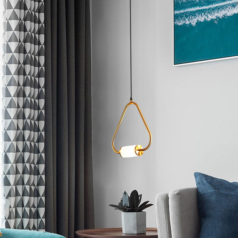 Simple Style LED Hanging Pendant Light with White Glass Cylinder Shade Brass Triangle/Round/Square Ceiling Lamp