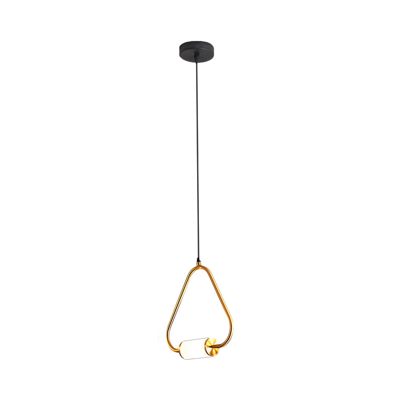 Simple Style LED Hanging Pendant Light with White Glass Cylinder Shade Brass Triangle/Round/Square Ceiling Lamp