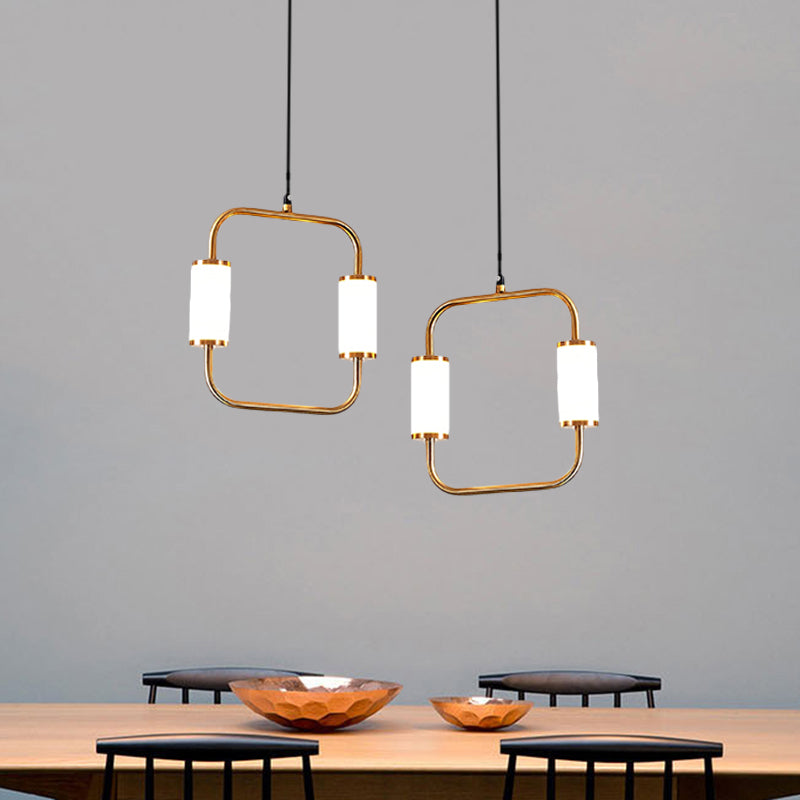 Simple Style LED Hanging Pendant Light with White Glass Cylinder Shade Brass Triangle/Round/Square Ceiling Lamp